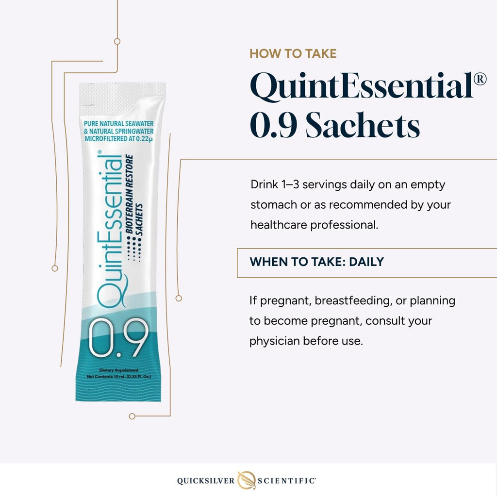 Quicksilver Scientific Quintessential 0.9 Sachets - Isotonic Solution with Sea Water Minerals + Alpine Spring - Liquid Hydration, Electrolyte + Multi Minerals Supplement (30 Count)