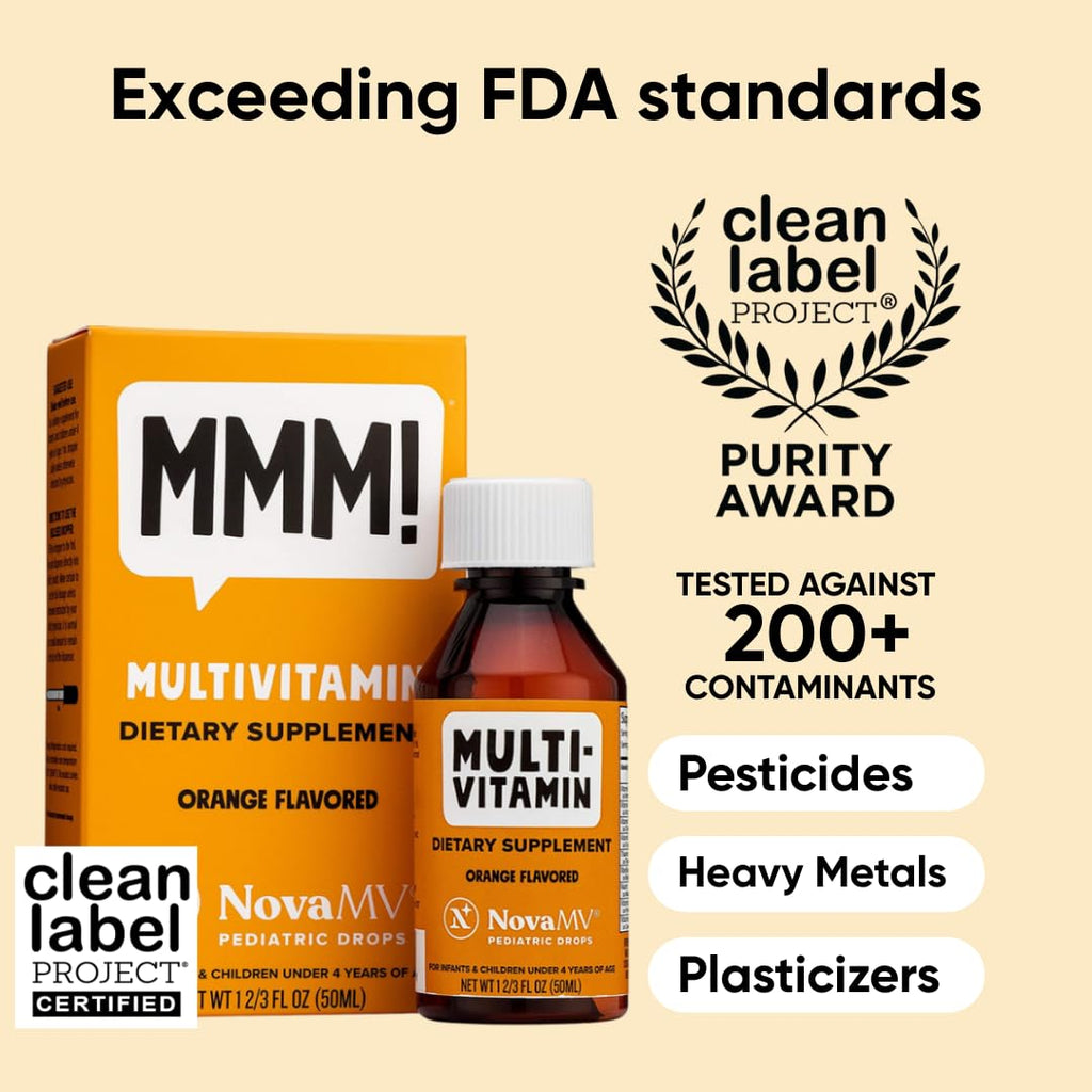 NovaFerrum MMM | Multivitamin for Kids, Infants and Toddlers | Vitamin C, D3, E | Gluten Free Certified | Sugar Free | No Artificial Colors | Ages 4 & Under | Orange Flavored | 2 Fl Oz (50 mL)