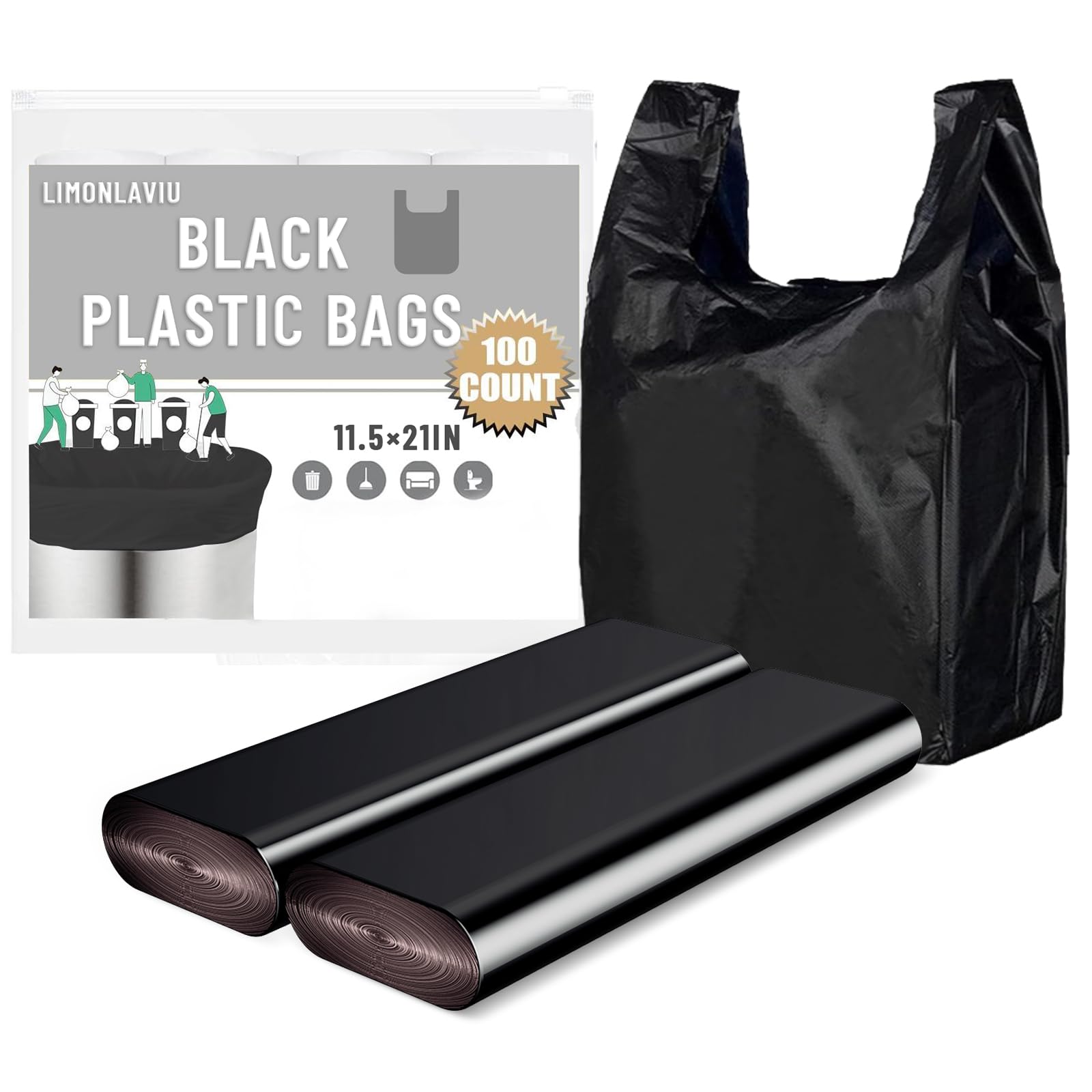 LimonLaviu Black Plastic Grocery Bags, 100 Pack, 11.5'x 6.5" x 21', 22 Pound Capacity, Heavy Duty, Unscented