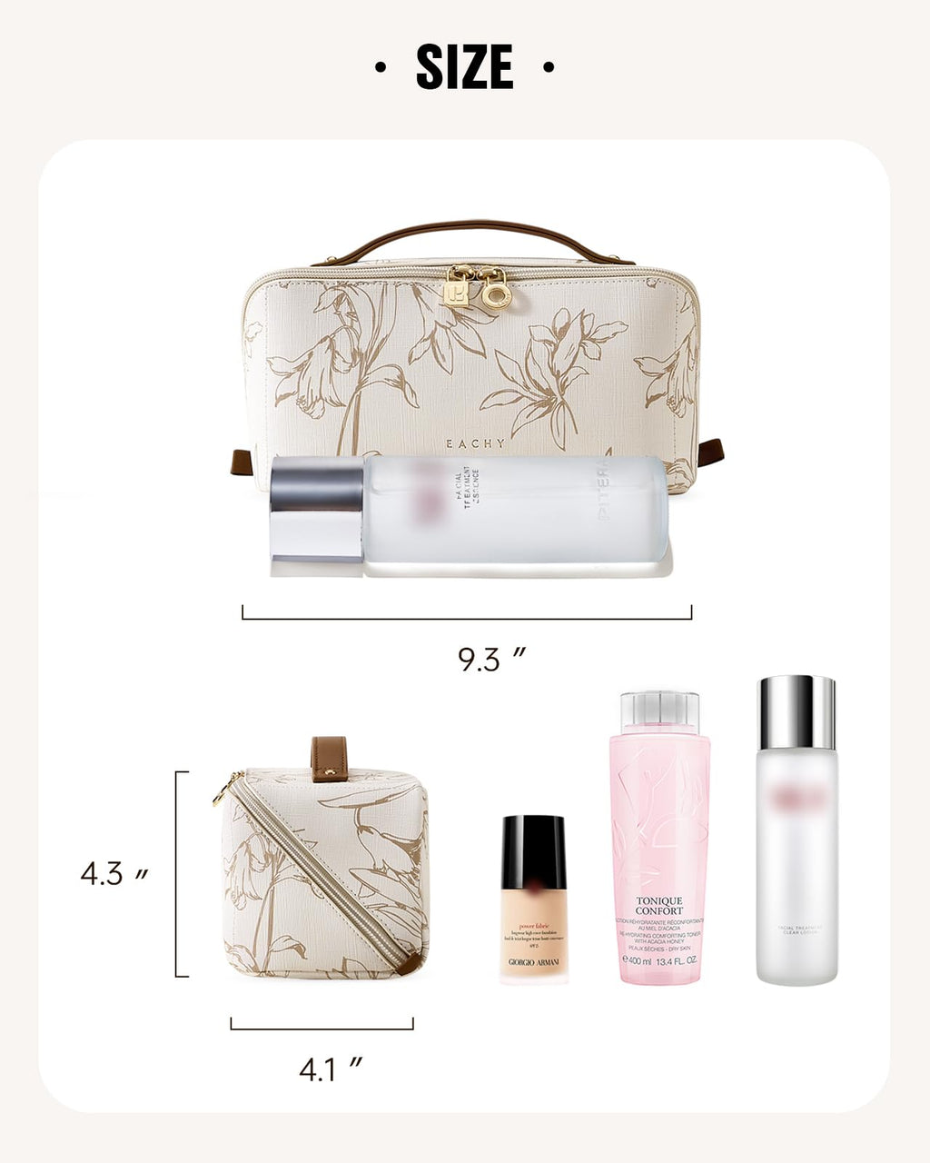 EACHY Travel Makeup Bag, Floral Cosmetic Bag for Women, Beige, Medium