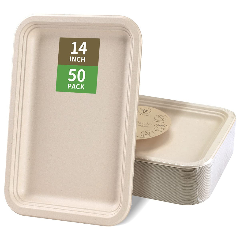 bloomoon 14 Inch Disposable Food Trays for Party 50 Pack Large Paper Plates