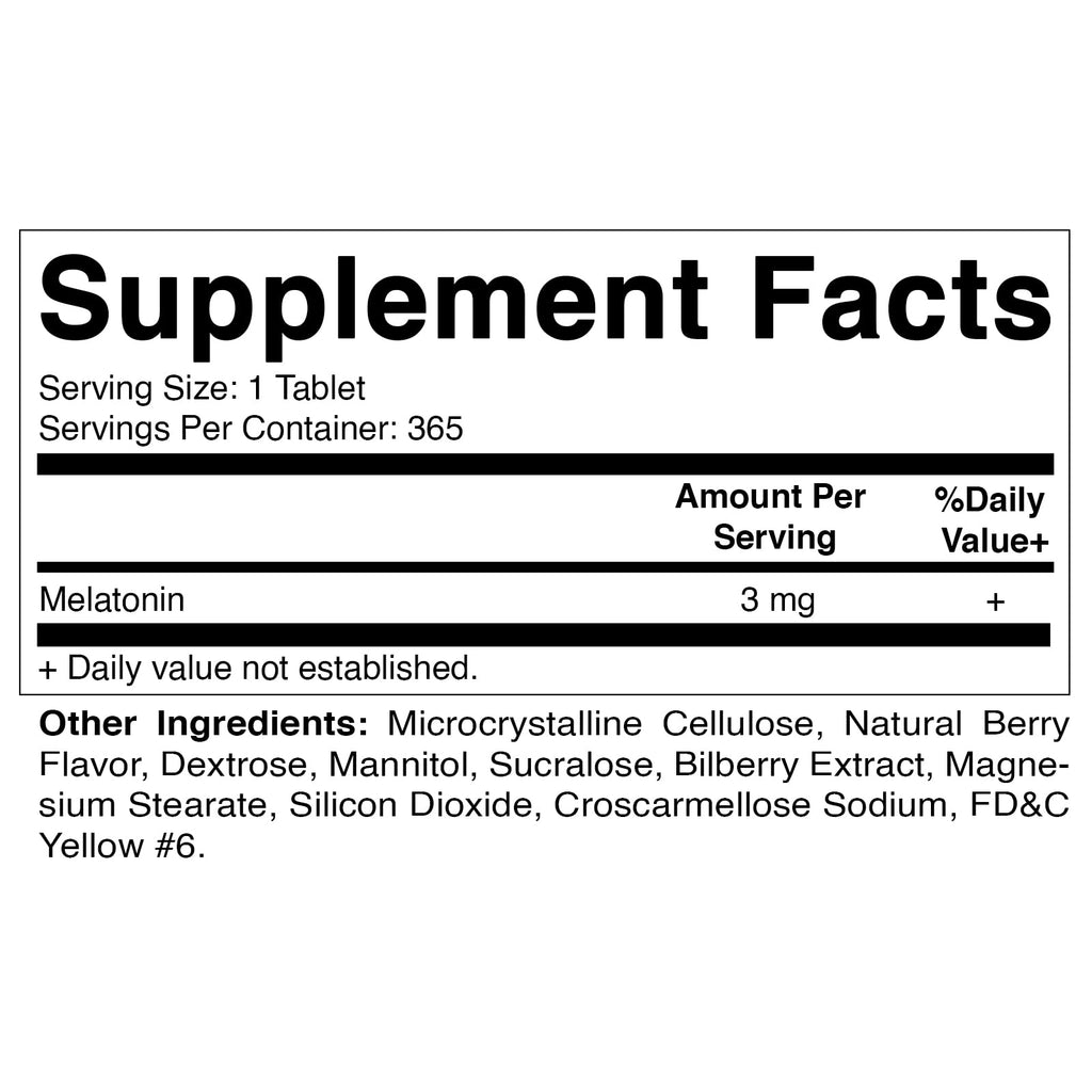 Vitamatic Melatonin 3mg Tablets | Vegetarian, Non-GMO, Gluten Free | 1 Year Supply | Natural Berry Flavor - 365 Tablets (Pack of 2)