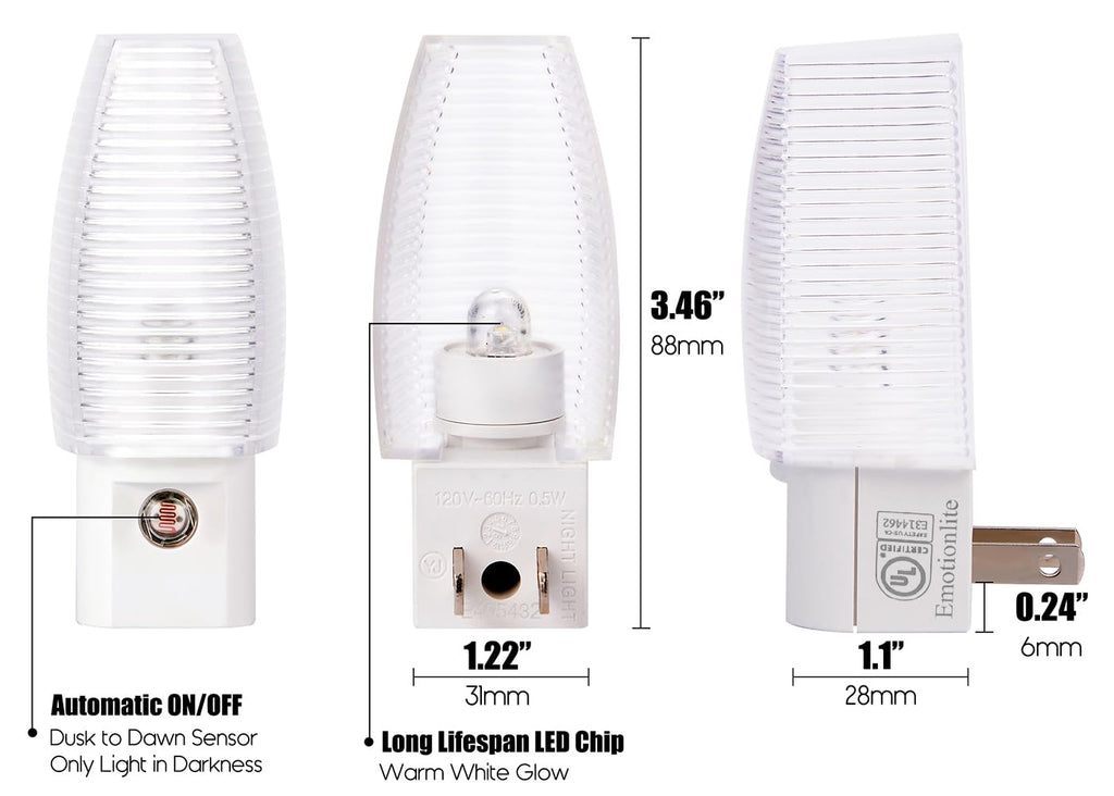 Emotionlite Plug in Night Light, Warm White LED Nightlight, Dusk to Dawn Sensor, Kids, Nursery, Bedroom, Bathroom,Hallway, Stairs, Kitchen, 6 Pack