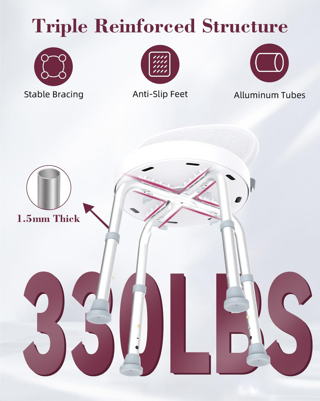 Fvzzin Swivel Shower Chair, 360° Non-Slip Shower Seat with Backrest for Elderly and Disabled, Height Adjustable Rotating Tub Transfer Bench for Seniors Bathroom Inside Shower(White)