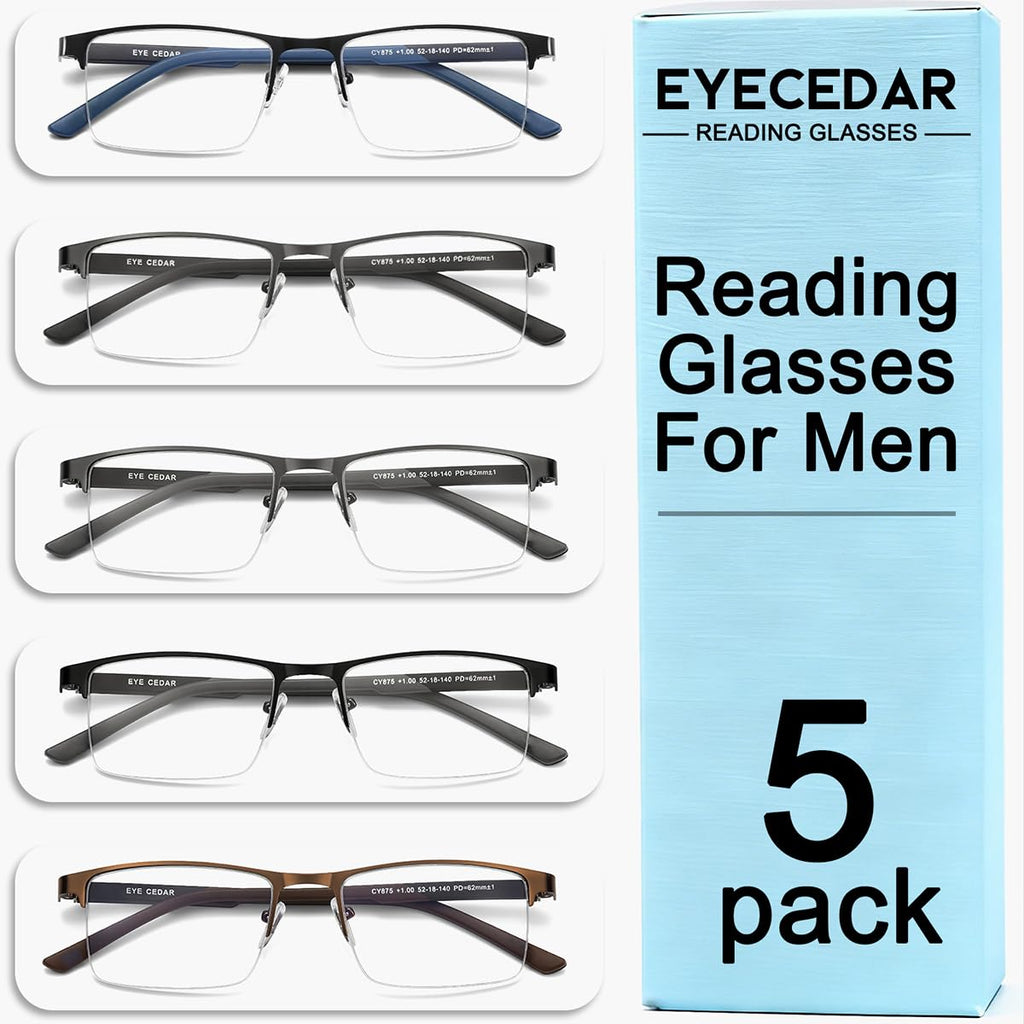 EYECEDAR 5 Pack Premium Blue Light Blocking Reading Glasses Men Metal Half Frame Spring Hinges Computer Readers for Men and Women 1.75