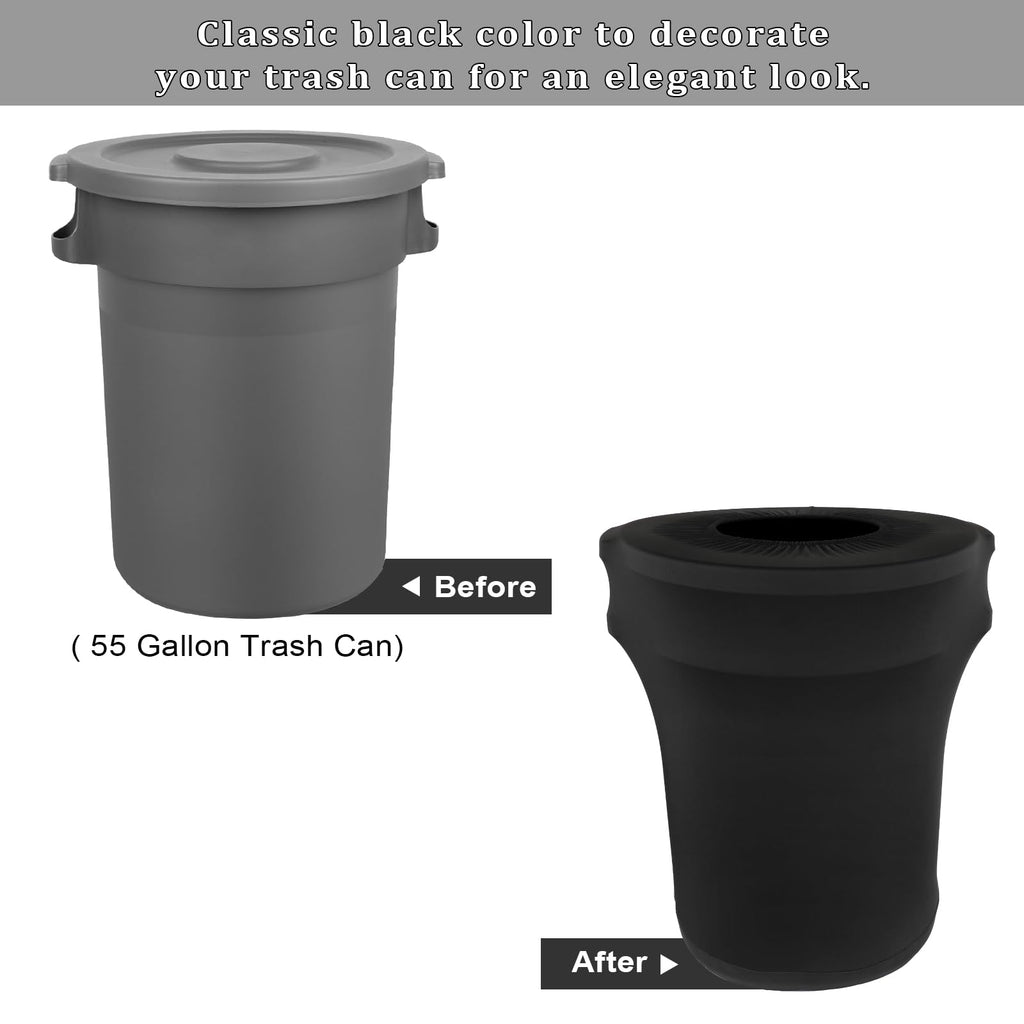 BSTKEY 55 Gallon Stretch Spandex Trash Can Cover, 4 Pack Outdoor Fitted Waste Container Cover Round Garbage Can Covers for Wedding Party Commercial Fundraiser Decor, Without Trash Can (Black)