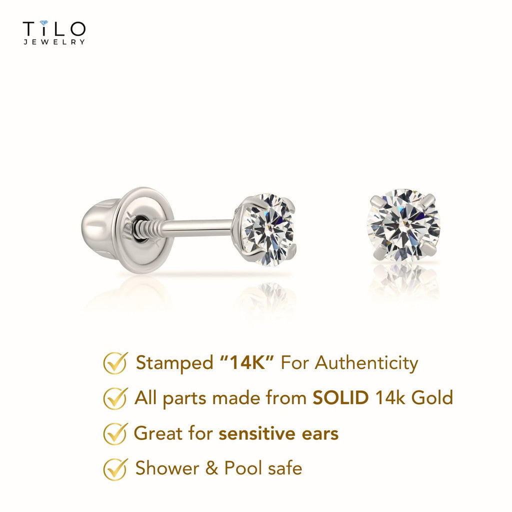 14k White Gold Solitaire Round Cubic Zirconia Stud Earrings Screw-back 3mm