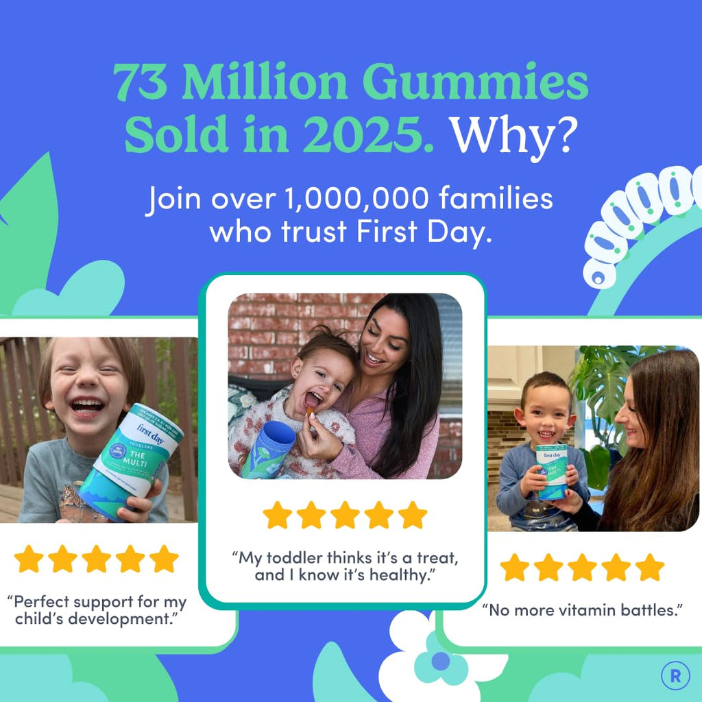 FIRST DAY Toddler Multivitamin Gummies (Ages 2-3)| Kids Multivitamin Gummies with Vitamins A C D3, B2, B12, Choline, Folate and 21 Organic Superfoods| (30 Day Supply)
