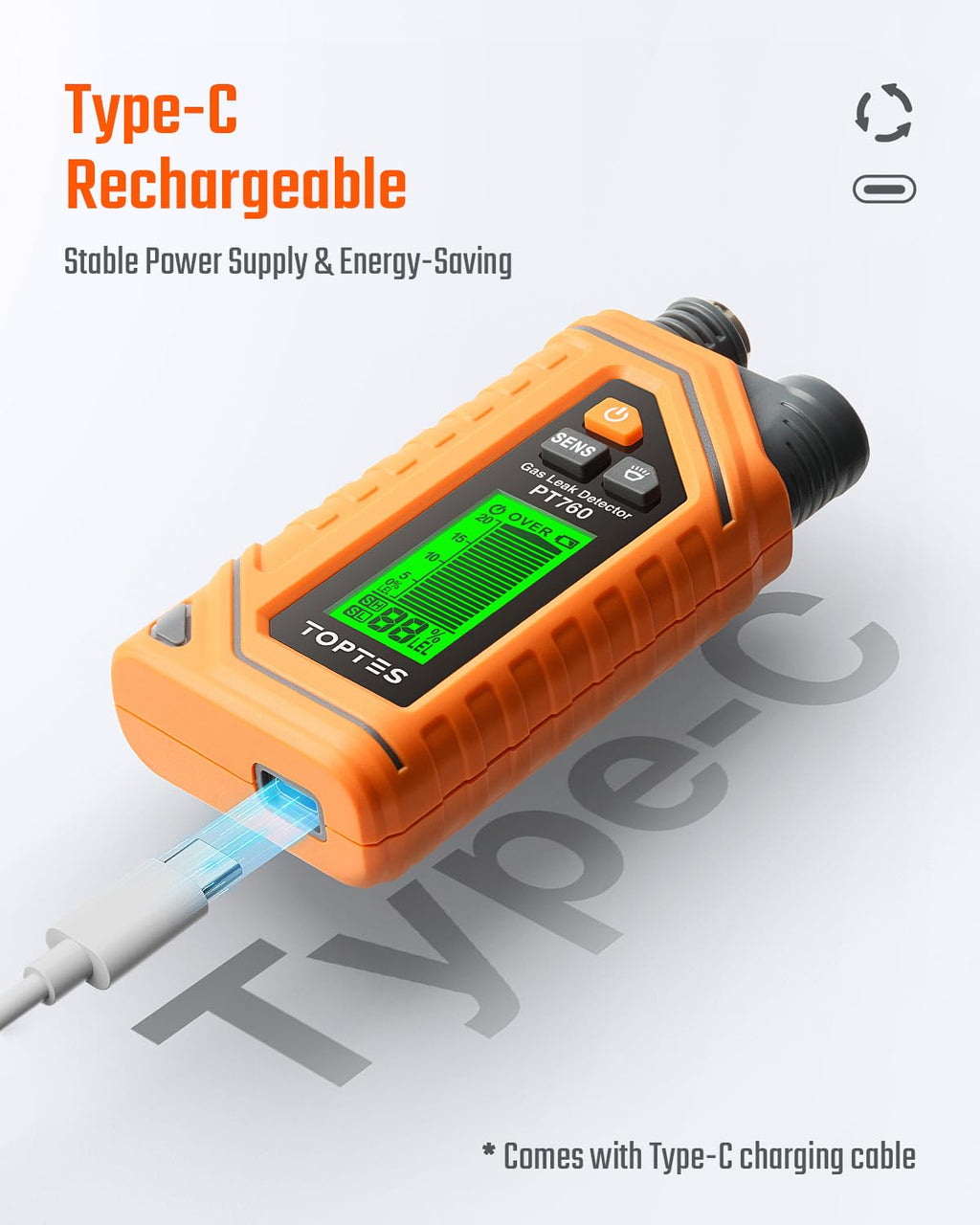 TopTes PT760 Rechargeable Natural Gas Detector, Gas Leak Detector with 12-inch Extendable Probe,%LEL Propane Leak Detection with Built-in Flashlight for Methane, Butane and More for Home, RV