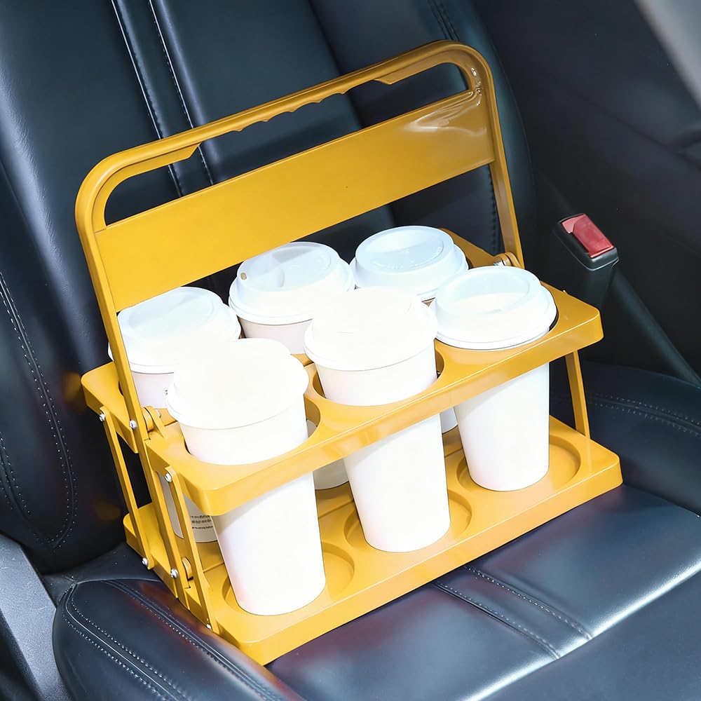 Bodaon 6 Cup Drink Carrier with Handle, Plastic Cup Holders for Take Out Delivery Drivers, Reusable Foldable Car Drink Caddy, Leakproof Food Delivery Accessories, 360° Secure Grip, Yellow