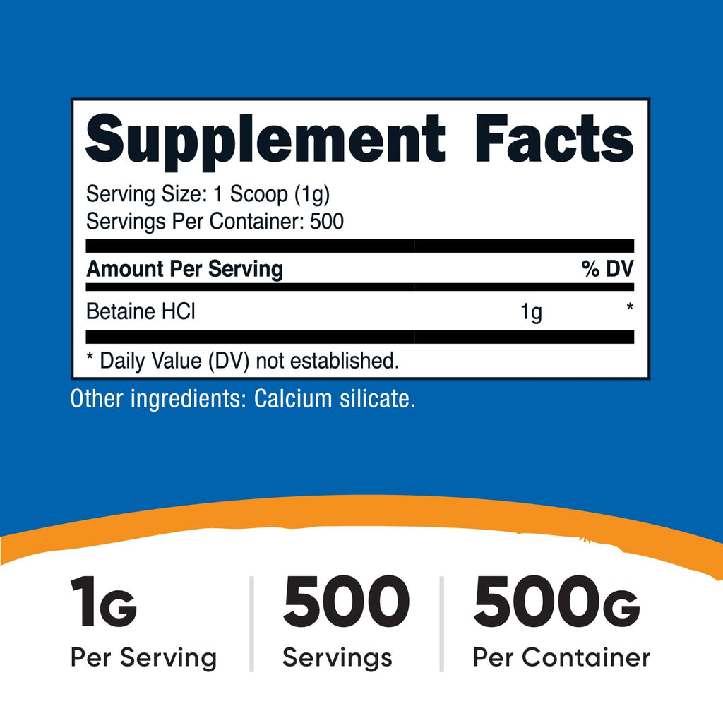 Nutricost Betaine HCl Powder 500 Grams - Gluten Free, Non-GMO