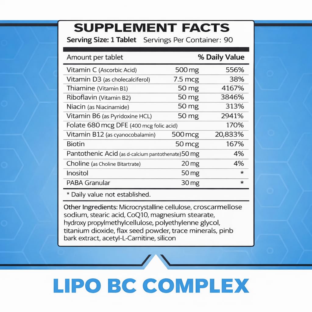 Lipo BC, Lipo B-Complex 90 Tablets. New Label with Best by Date, Same Formula.