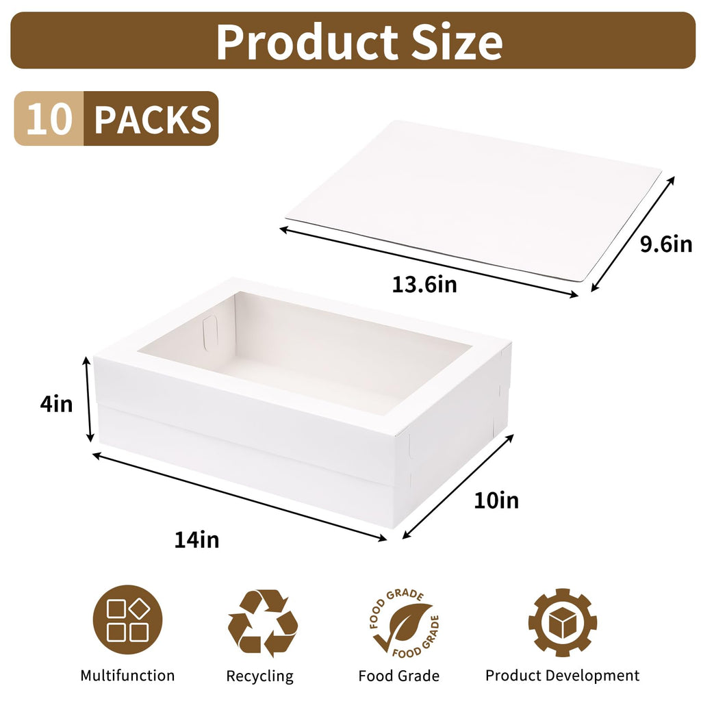 Moretoes 10pcs 14x10x4in Sheet Cake Boxes with Cake Board, White Rectangle Bakery Boxes with Window, for Quarter Sheet Cakes, Donuts, Cupcakes, Brownie&Pie For Graduation
