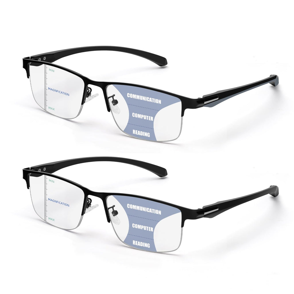 ZERPEET 2 Pack Men's Progressive Multifocal Reading Glasses,Half Rim Metal Frame TR90 Temples Blue Light Blocking Anti Eyestrain Multifocus Computer Readers,2.5x