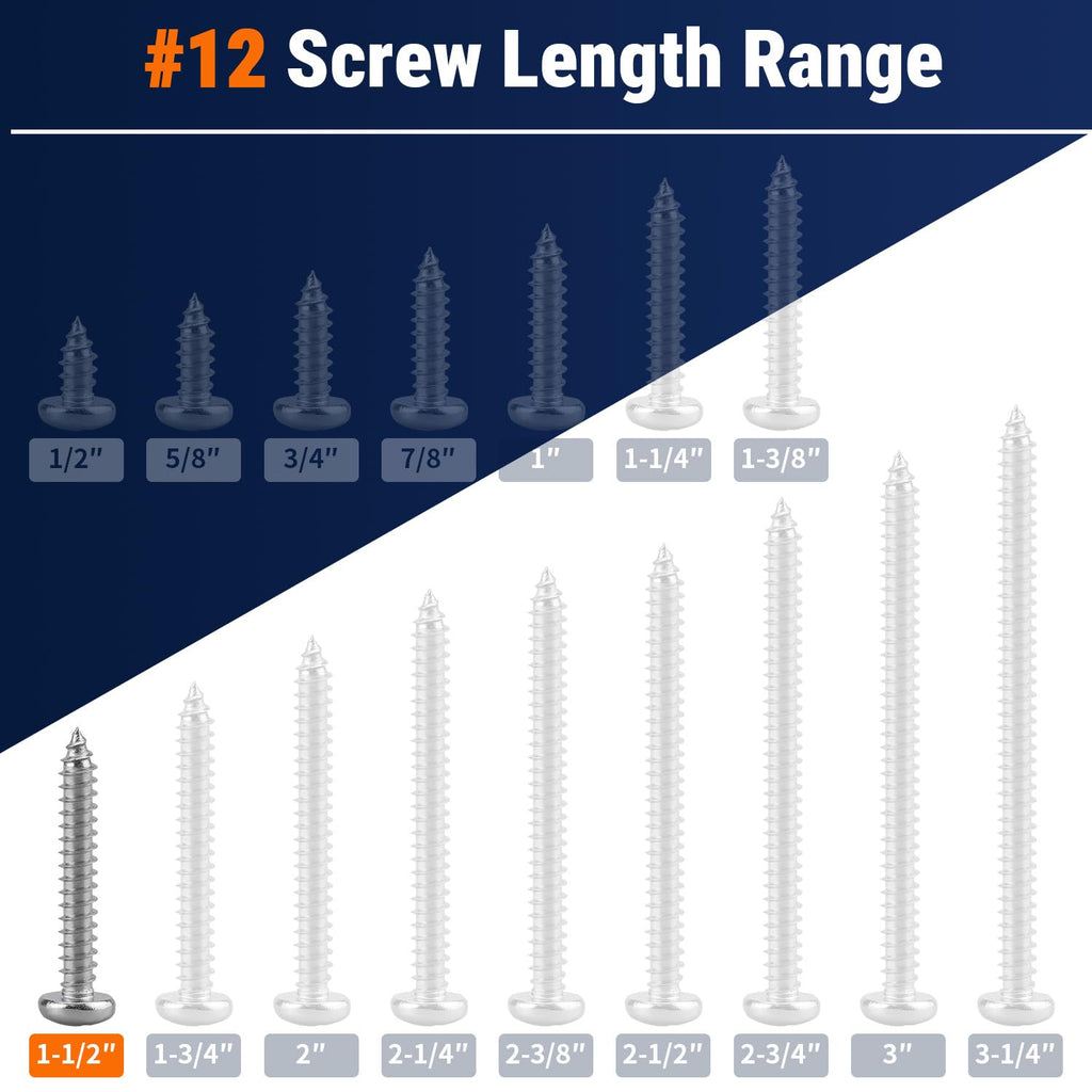 #12 x 1-1/2" (100 Pack) Stainless Steel Phillips Pan Head Wood Screws, Stainless Steel 304 (18-8), Pan Head Sheet Metal Screws Self Tapping for Wood