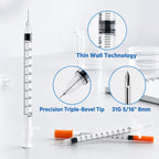 30 Pack Syringes 31G U-100 5/16" 1ml/cc, Disposable Syringe, Lab Supplies