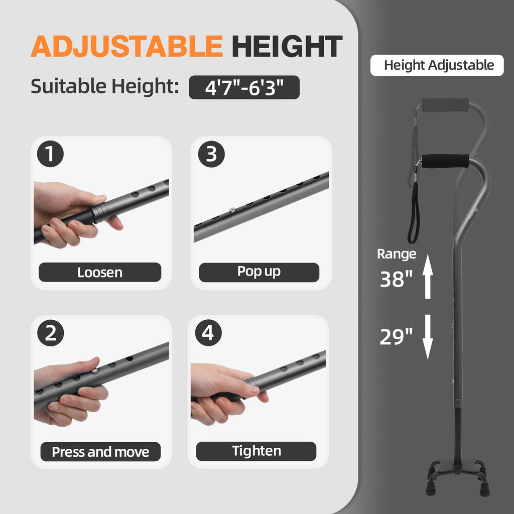 BeneCane Quad Cane Adjustable Walking Cane with Offset Soft Cushioned Handle for Men & Women Lightweight Comfortable with 4-Pronged feet for Extra Stability(Black)