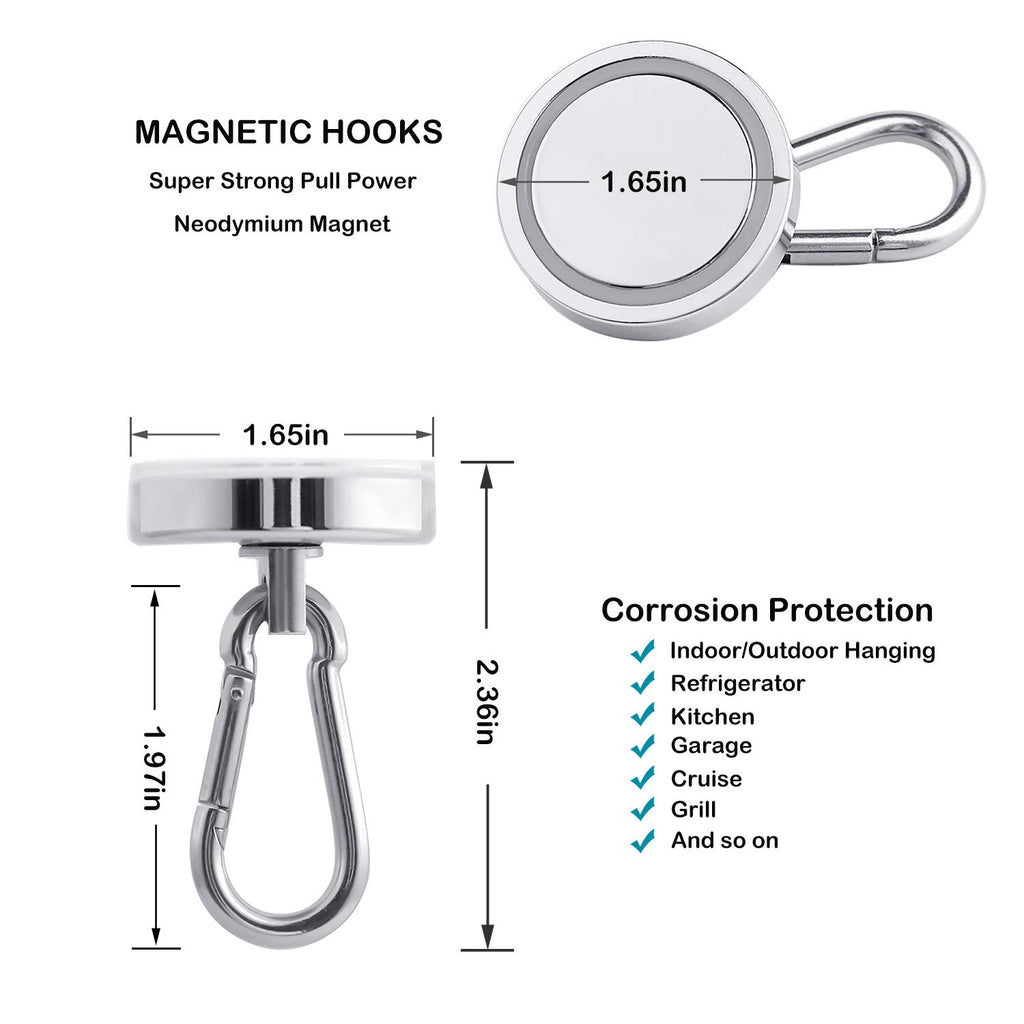 WELLZEER Magnetic Hooks 170lbs Magnet Hooks Carabiner for Hanging Refrigerator Strong Large Heavy Duty Neodymium Magnet (170LBS-4PACK)