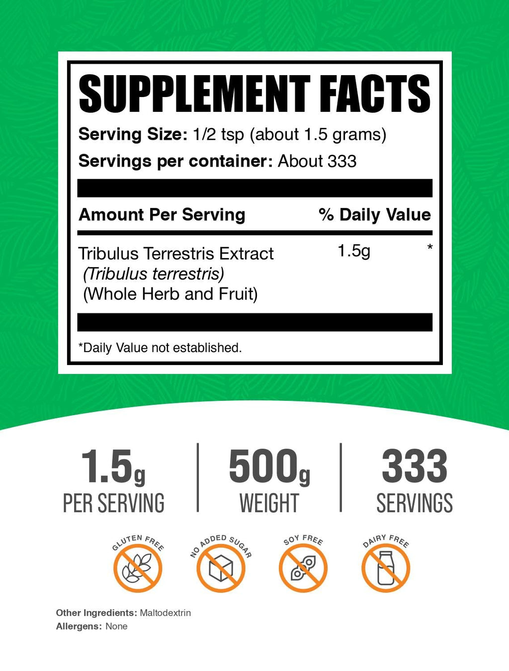 BulkSupplements.com Tribulus Terrestris Extract Powder - Tribulus Terrestris Supplements, Herbal Supplement - Gluten Free, 1.5g per Serving, 500g (1.1 lbs) (Pack of 1)