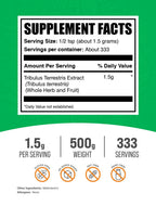 BulkSupplements.com Tribulus Terrestris Extract Powder - Tribulus Terrestris Supplements, Herbal Supplement - Gluten Free, 1.5g per Serving, 500g (1.1 lbs) (Pack of 1)