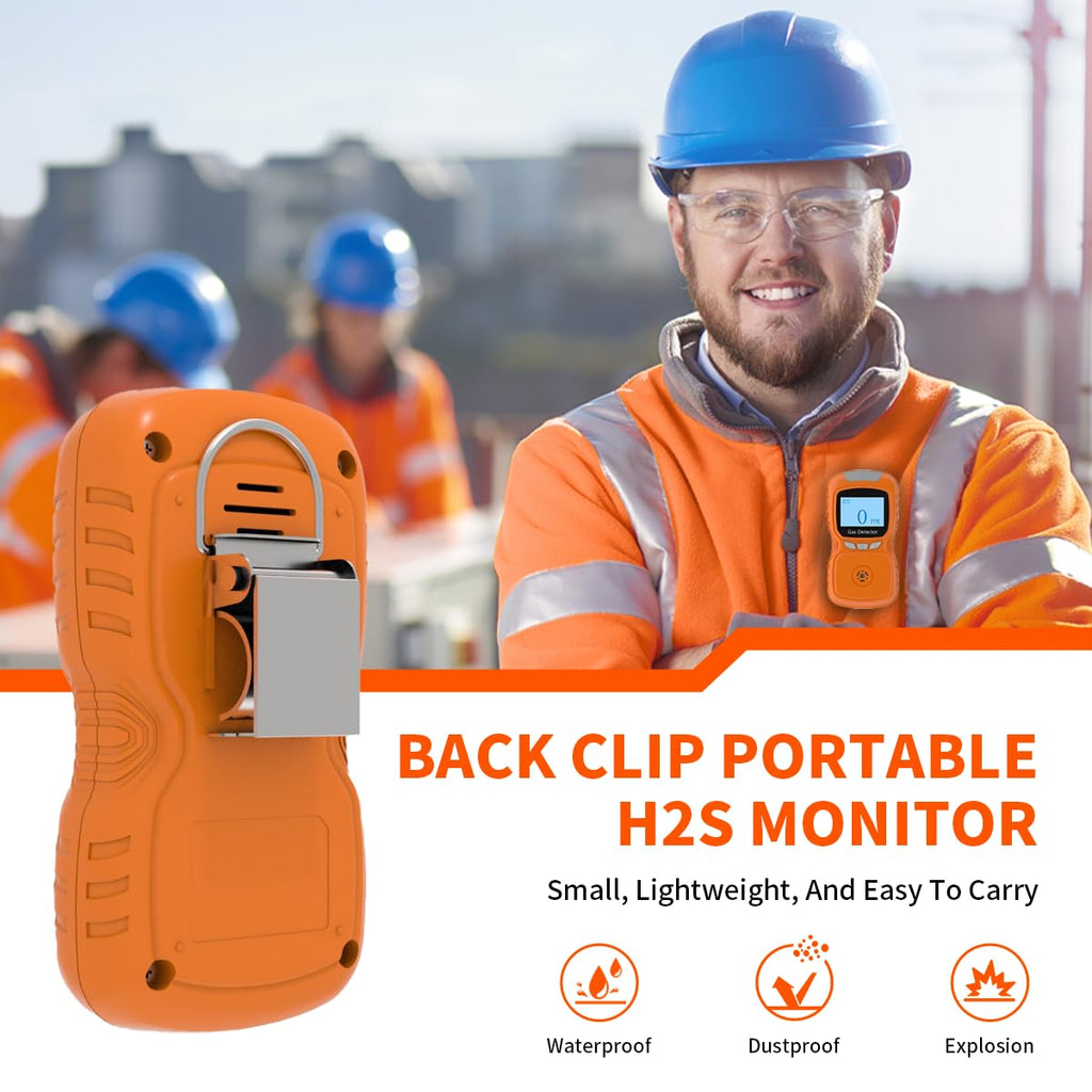 Sooguard H2S Monitor, Clip Single Gas H2S Monitor, 0~100ppm High-PrecisionH2S Gas Detector, Adjustable Alarm Range, 3 Alarm Modes, Explosion-Proof Safety, for Various Working environments (Orange)