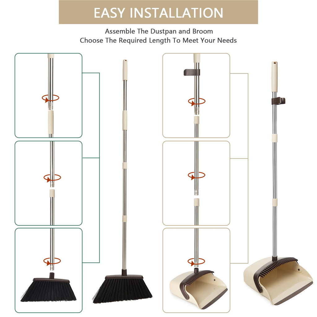 XXFLOWER Broom and Dustpan Set, Dustpans with Broom Combo for Home, Heavy Dust Broom and Dustpan Combo, Long Handle Dust Pan and Broom Set for Kitchen, Office, Pet Hair,Beige, Pack of 1