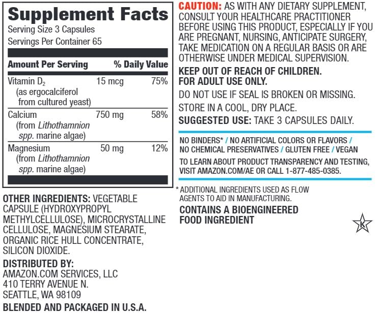 Amazon Elements Calcium Complex, 750mg, Vegan, With Vitamin D₂ and Magnesium, 195 Capsules