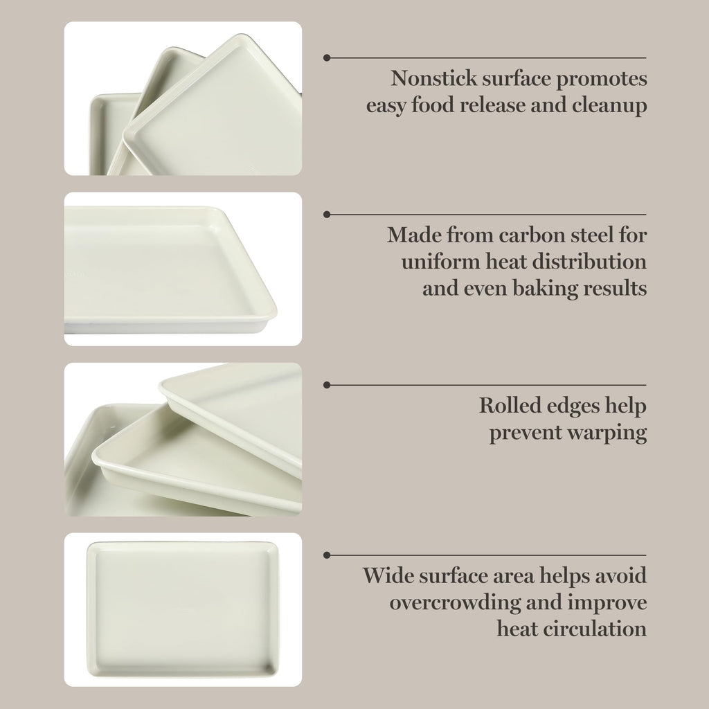 Martha Stewart Gallen 3-Piece Cookie Sheet Set – 13", 15", 17" Baking Pans, Ceramic Nonstick, PFA-Free, Carbon Steel – Oven Safe to 450°F, Warp-Resistant, Easy to Clean - Linen White