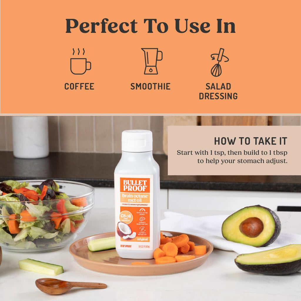 Bulletproof Brain Octane C8 MCT Oil, 32 oz – 100% Pure Coconut Oil, Triple-Distilled Keto Energy Supplement for Coffee & Smoothies, Unflavored, No Additives or Fillers, Non-GMO