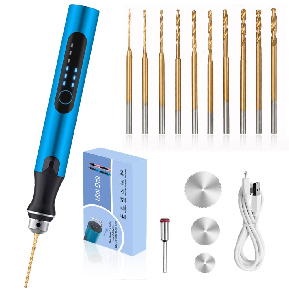 3-Speed Cordless Mini Drill Pen With 10 Small Drill Bits,Rechargeable Electric Hand Drill Pin Vise,Resin Drill Set For Jewelry Making, Resin, Plastic, Wood, Keychains DIY (BLUE)