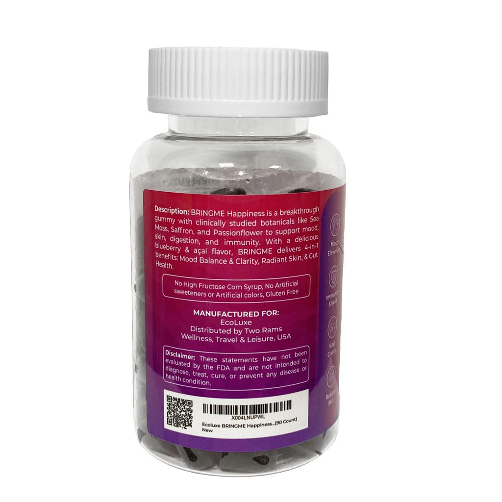 EcoLuxe BRINGME Happiness: Blueberry, Sea Moss, Saffron, Passionflower & Elderberry Gummies – Mood, Skin, Gut & Immune Support. Low Sugar, Vegan, Natural Blueberry-Acai Flavor (90 Count)