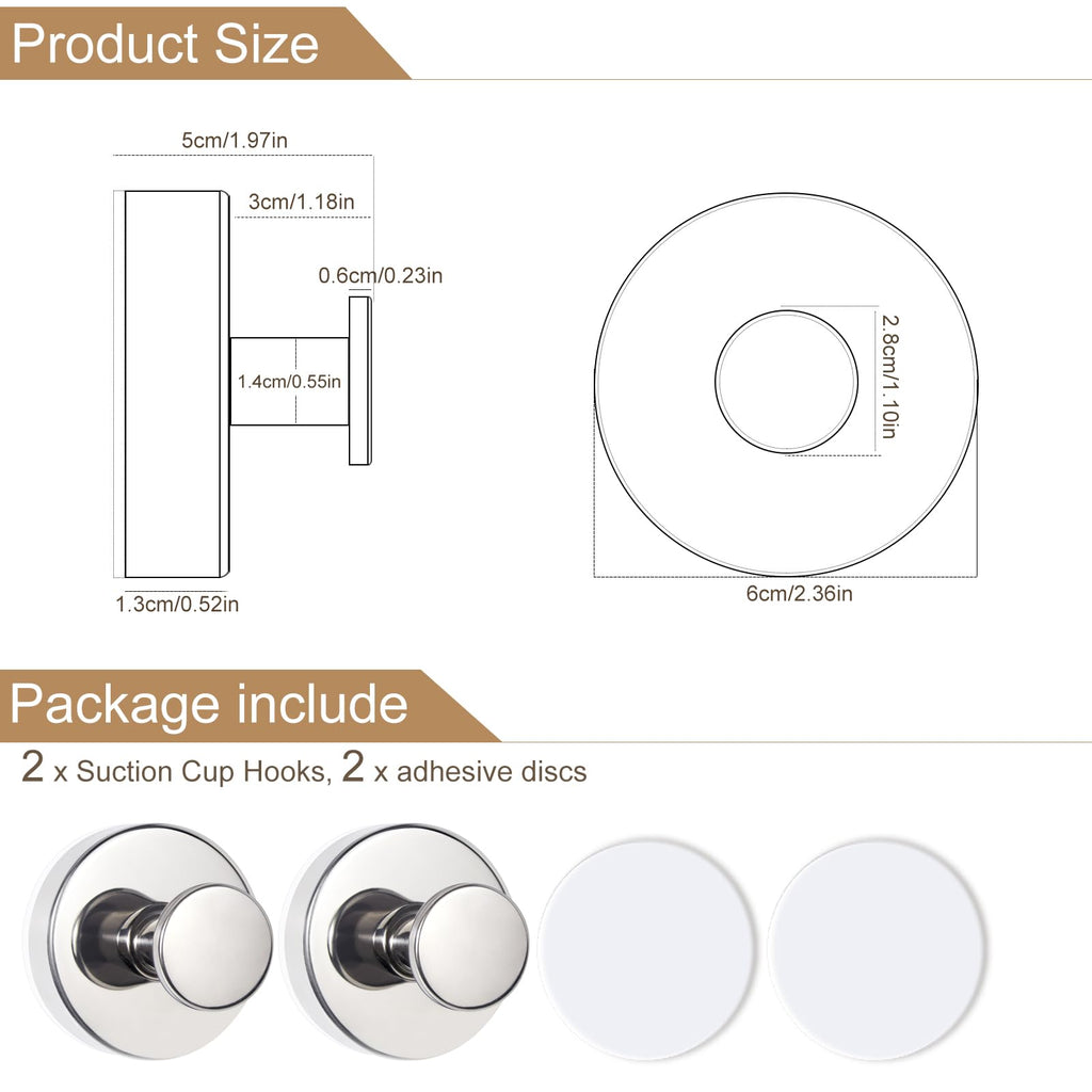 ZESLMG Suction Cup Hooks for Shower, Chrome Wreath Hangers for Front Door Glass Window Bathroom Kitchen Wall, Removable Towel Holder Bath Robe Loofah Coat Hooks No Damage for Hanging, 2 Pack