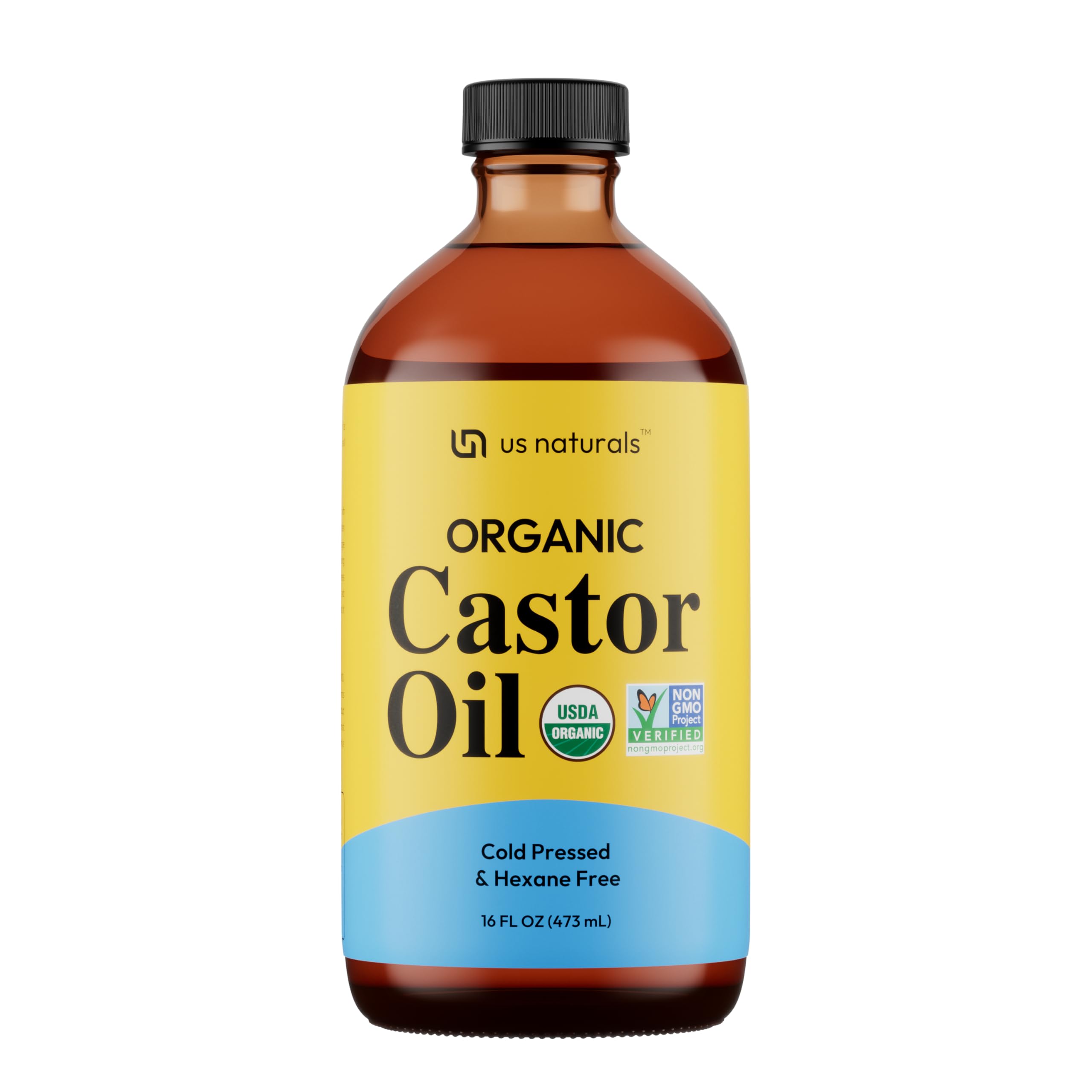 Us Naturals 16oz Organic Castor Oil – Glass Bottle – USDA Certified Organic & Non-GMO – 100% Pure, Cold-pressed, Unrefined, Hexane-free – Premium Glow-Boosting Oil for Skin, Hair, Lashes, Nails & More