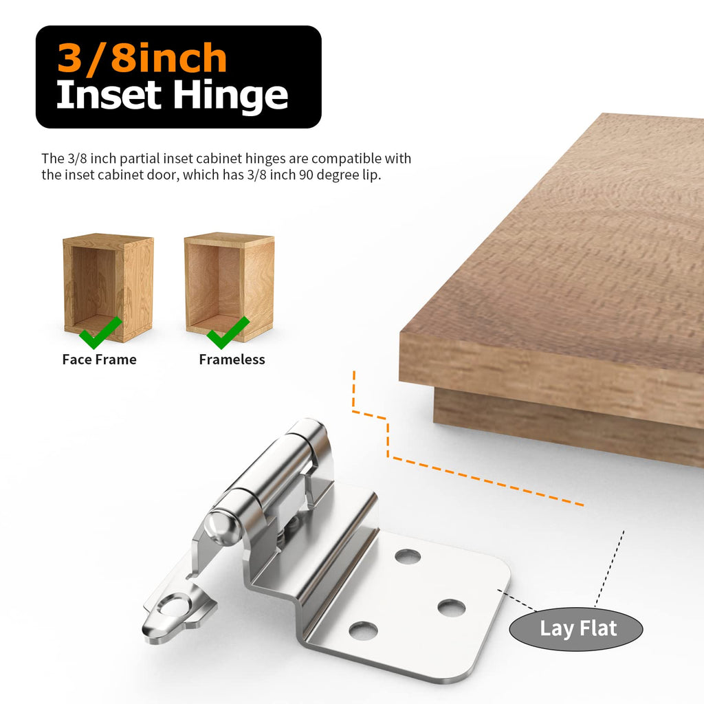 Chibery 3/8 Inch Inset Cabinet Hinges, 10 Pack Self Closing Flush Face Mount Hinges with Door Bumper, Variable Decorative Hardware for Bathroom, Furniture, Kitchen Cabinet Doors, Brushed Nickel