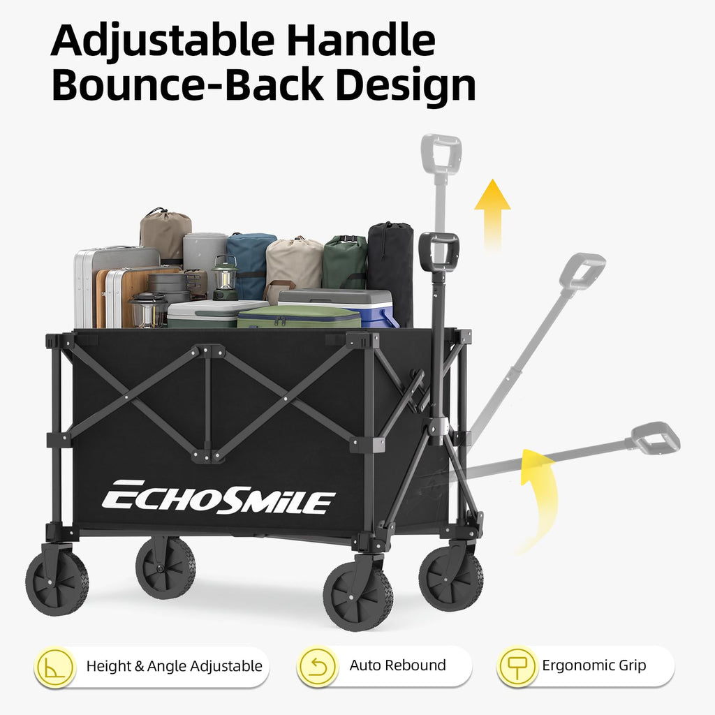 EchoSmile Easy Collapsible Wagon Cart, Folding for Grocery & Camping, Black