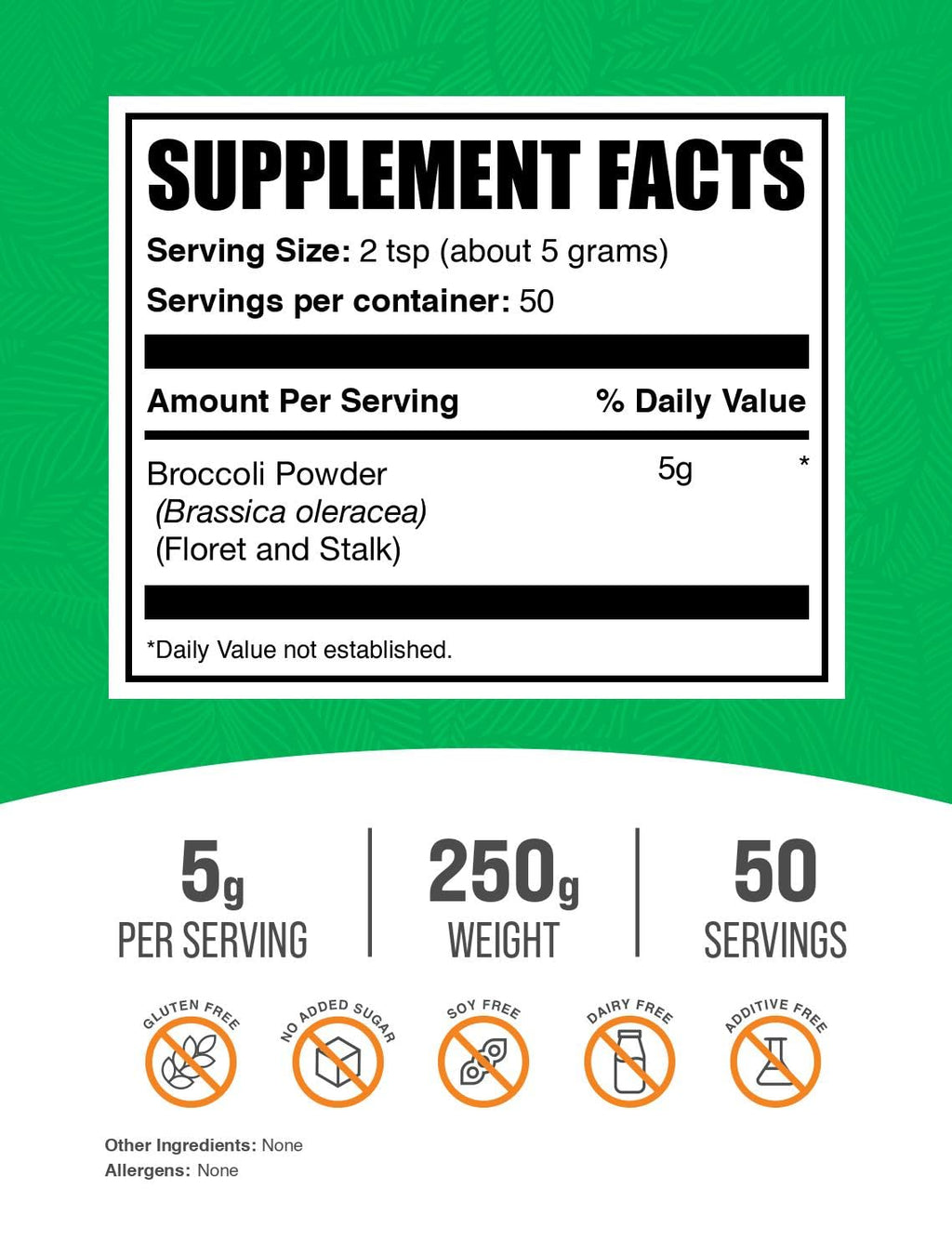 BulkSupplements.com Broccoli Powder - Broccoli Floret & Stalk Powder, Sulforaphane Supplement - Vegan & Gluten Free, 5g per Serving, 250g (8.8 oz) (Pack of 1)