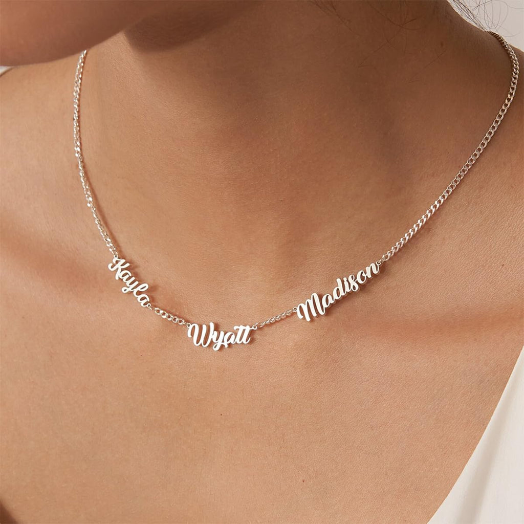 Xianofu Personalized Name Necklace with Curb Chain, 18K Gold Plated Handmade Custom Family Choker Customized Child Nameplate Necklace Mother's Day Jewelry Gift for Mom, Wife (3 Names Necklace)