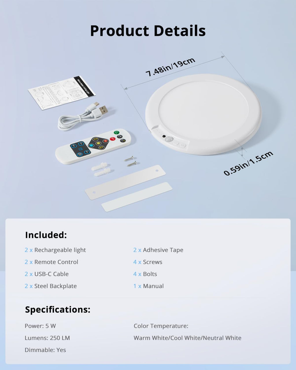 Combuh Rechargeable Motion Sensor Ceiling Light with Remote Wireless, 85 Days Battery Powered Shower Lamp Magnetic Dimming Timing Stick on Cordless Lighting for Closet Pantry without Electricity 2Pack