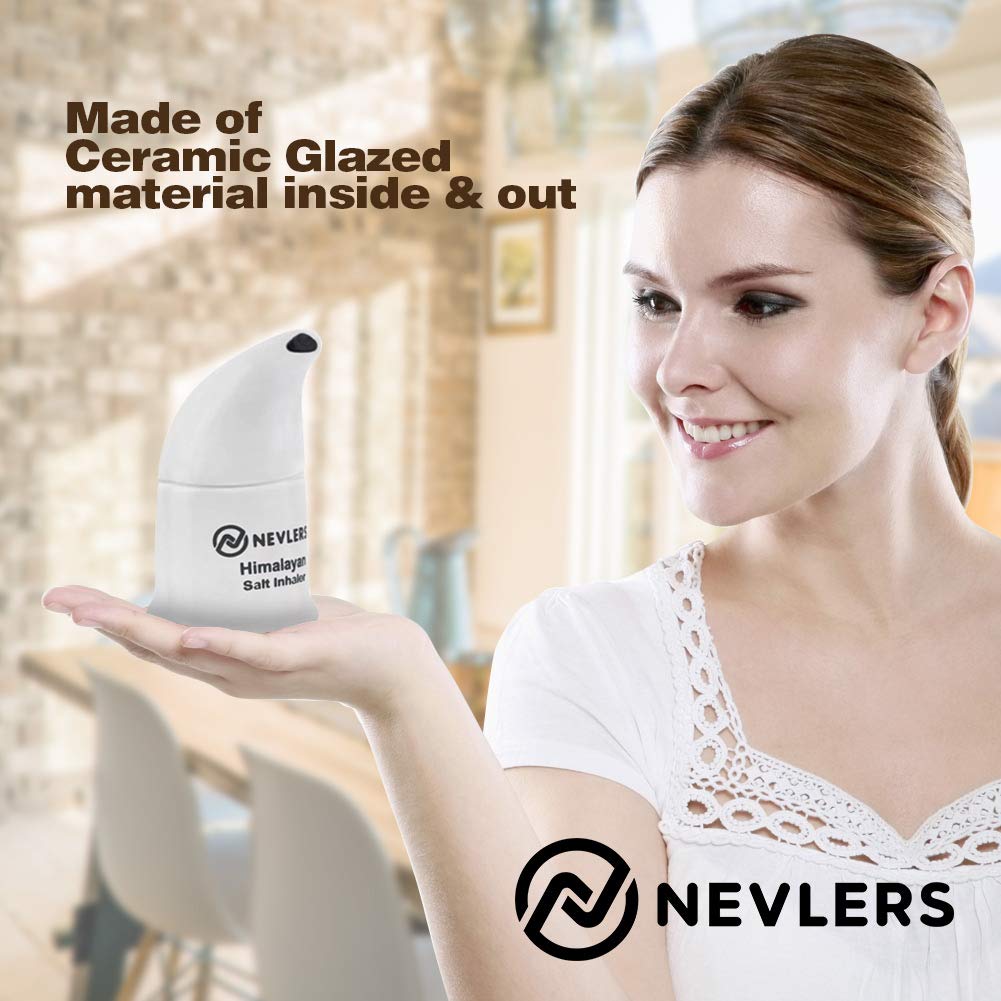 Nevlers White Himalayan Salt Inhaler for Lungs & Nose w/ 6 Oz Coarse Pink Himalayan Sea Salt | Portable Ceramic Himalayan Pink Salt Inhaler | Natural Homeopathic Sinus & Asthma Relief Smelling Salts