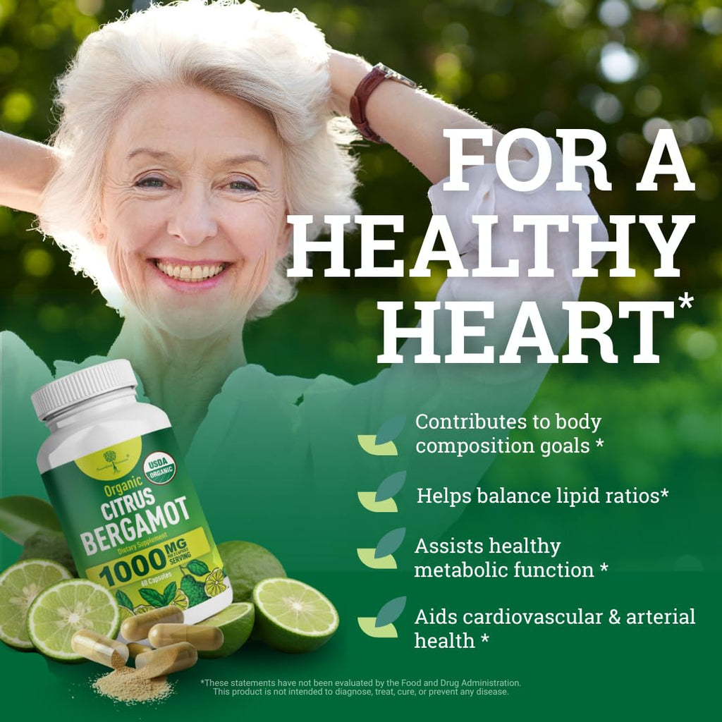 Organic Citrus Bergamot Supplement - Only USDA Organic, 50% Polyphenols - Cholesterol - Heart - Lipids- 3rd Party Tested - USA Made Supplement Vegan Capsules - Enhances Overall Wellness