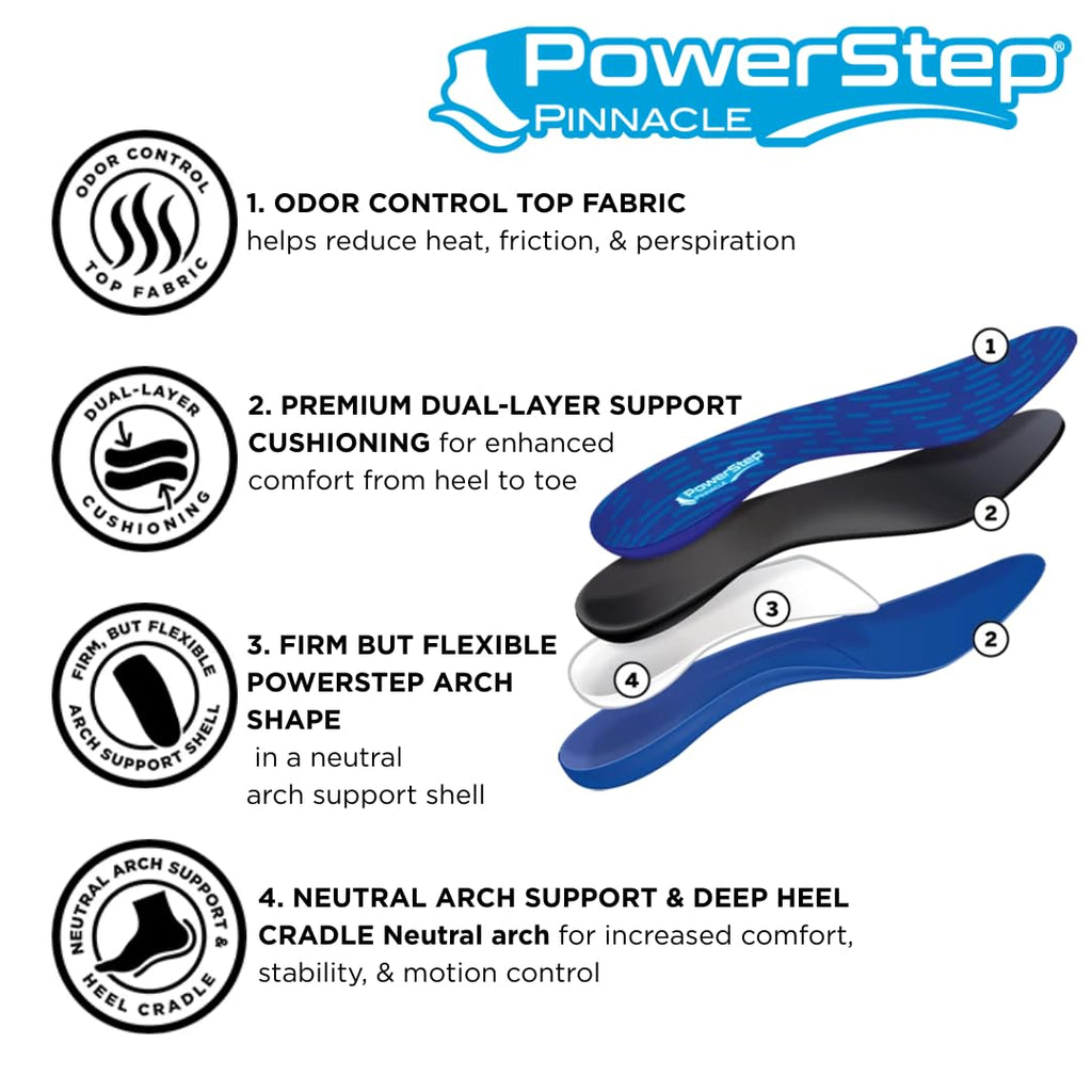 PowerStep Pinnacle Insoles, Orthotics for Plantar Fasciitis Relief, Made in USA Orthotic Insoles, Arch Support Inserts with Moderate Pronation, #1 Podiatrist Recommended (M 6-6.5, W 8-8.5)