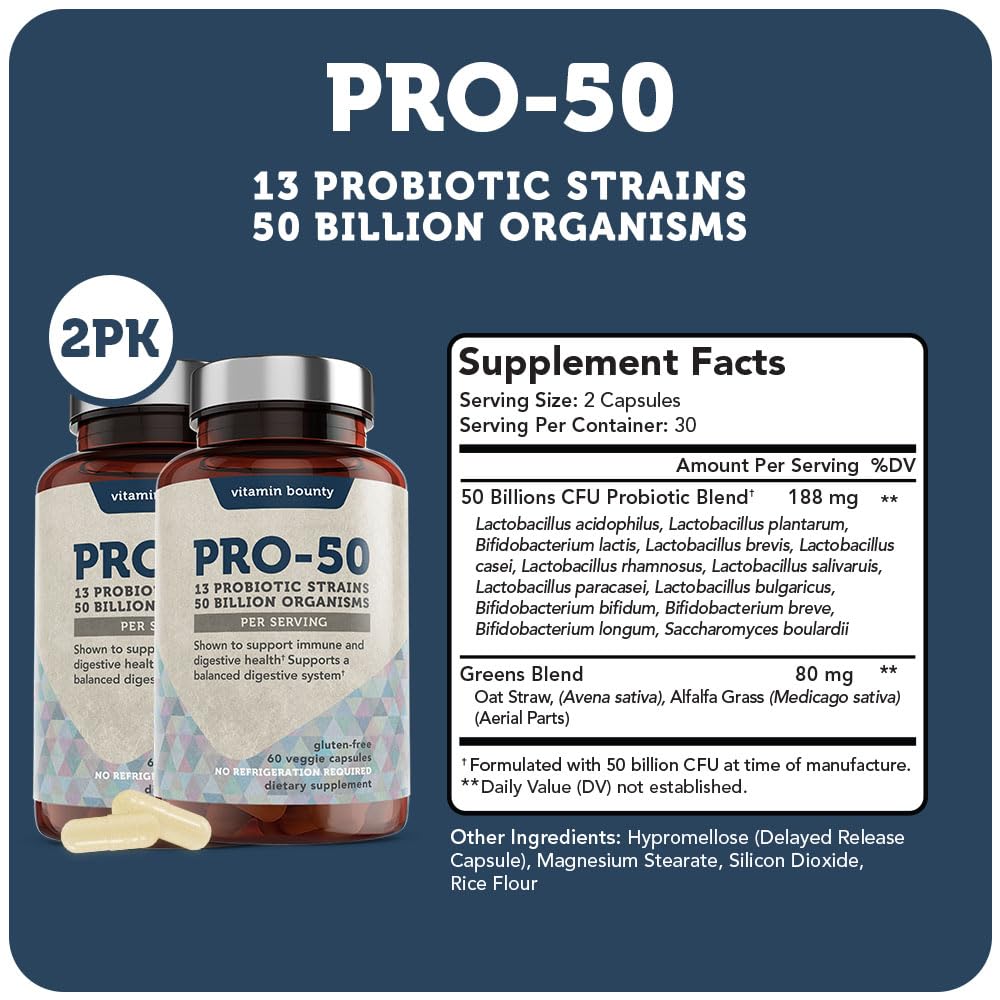 Vitamin Bounty Pro-50 Probiotic 50 Billion CFU - 13 Strain Supplement for Men & Women + Prebiotics - Digestive Health & Gut Support - Lactobacillus & Bifidobacterium - Delayed Release Capsules, 2 Pack
