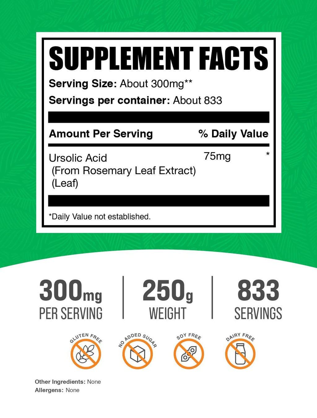 BulkSupplements.com Ursolic Acid Powder - Sourced from Rosemary Leaf Extract, Ursolic Acid Supplement - Vegan & Gluten Free, 75mg per Serving, 250g (8.8 oz) (Pack of 1)