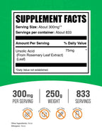 BulkSupplements.com Ursolic Acid Powder - Sourced from Rosemary Leaf Extract, Ursolic Acid Supplement - Vegan & Gluten Free, 75mg per Serving, 250g (8.8 oz) (Pack of 1)