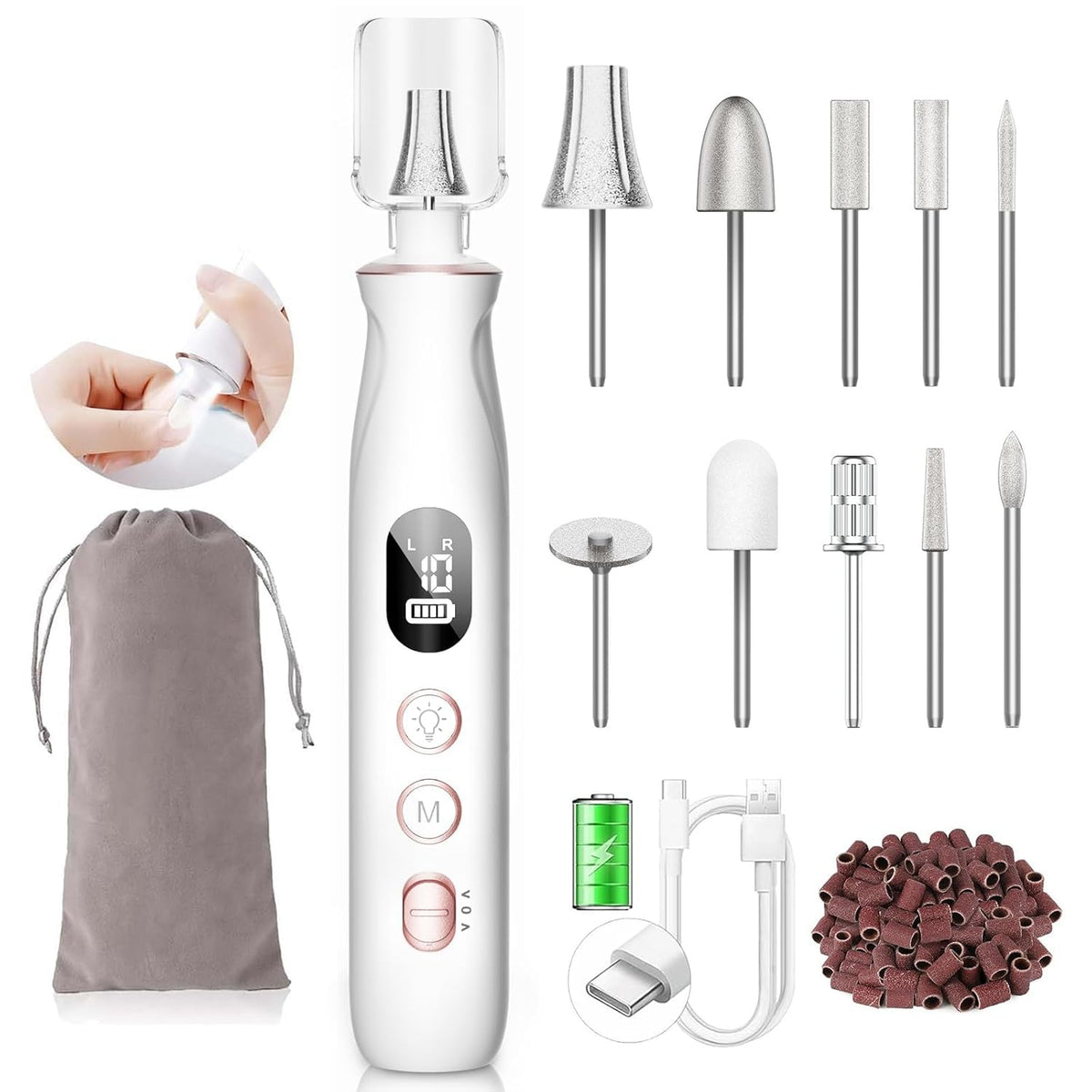 HSKAI Electric Nail File Drill, Cordless Toe Nail Grinder for Thick Toenails & Callus, 10-Speed 2000mAh Rechargeable Nail Filer, Manicure Pedicure Kit with LED Lamp, Gifts for Men Women