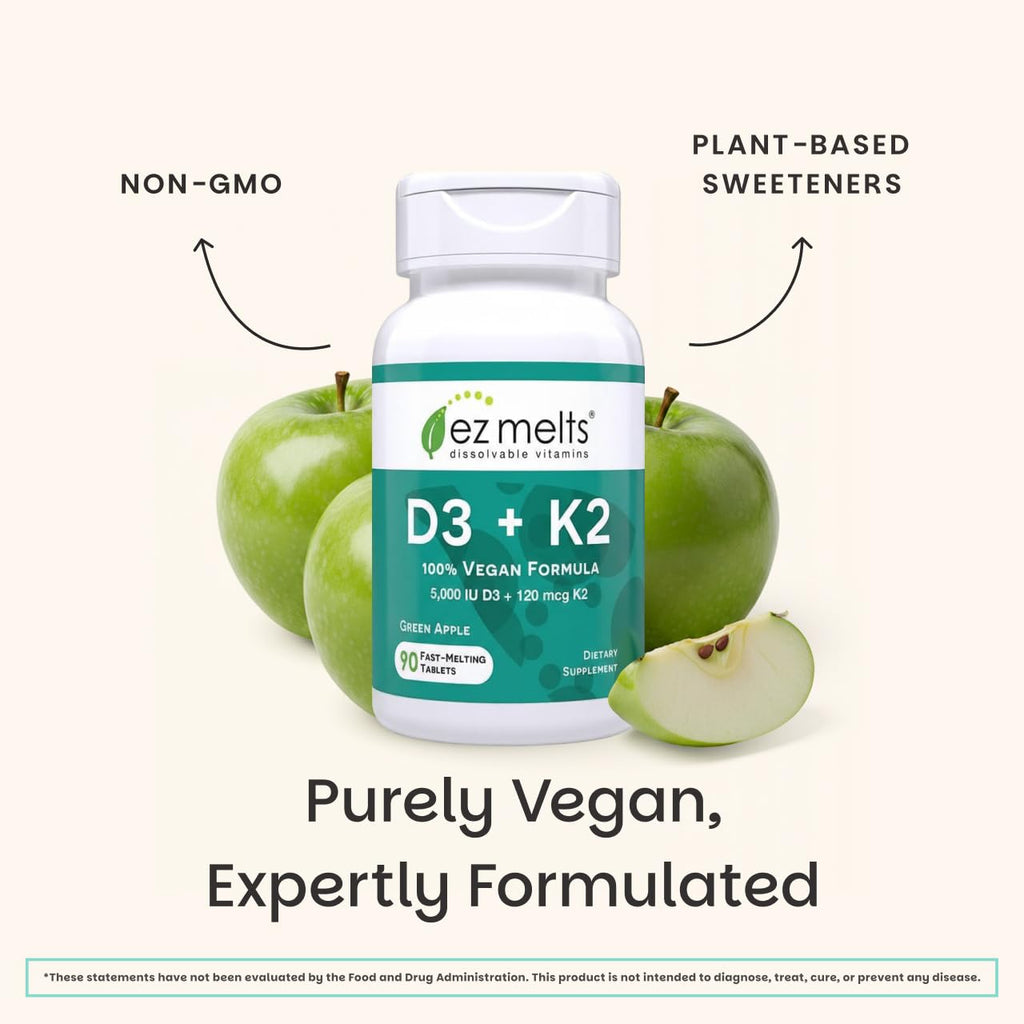 EZ Melts Dissolvable Vegan Vitamin D3 + K2 5,000 IU - Bone & Heart Health Support - Immune Function Support - No Artificial Flavors - Non-GMO - Green Apple - 180 Dissolvable Tablets (180 Servings)