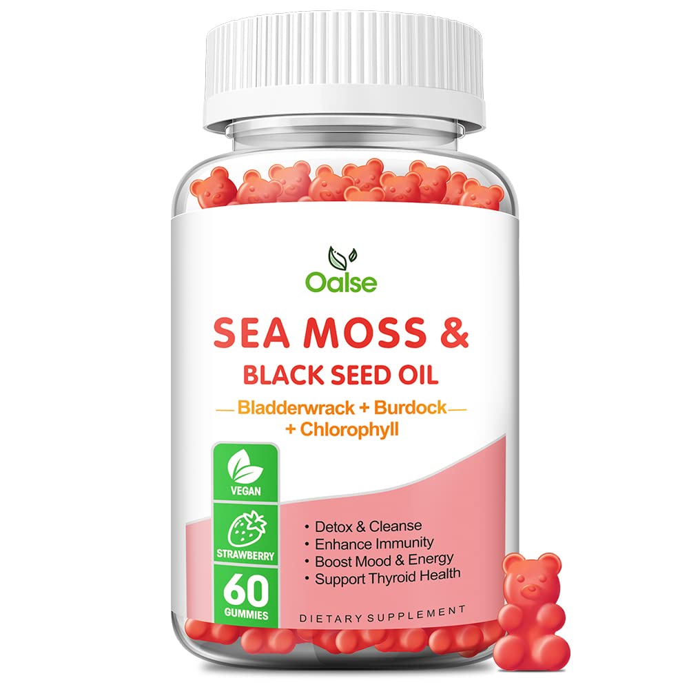 OALSE Sea Moss Gummies for Adults Kids with Chlorophyll, Bladderwrack, Burdock Root, Blck Seed Oil, Vitamin C & D3, Zinc, 8-in-1 Potent Formula Supports Immune System & Boost Energy (1-Pack)