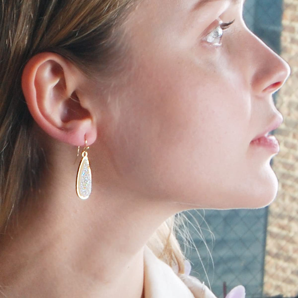 Faux Opal Druzy Drop Dangles, Gold Tone Sparkly Teardrop Earrings for Women
