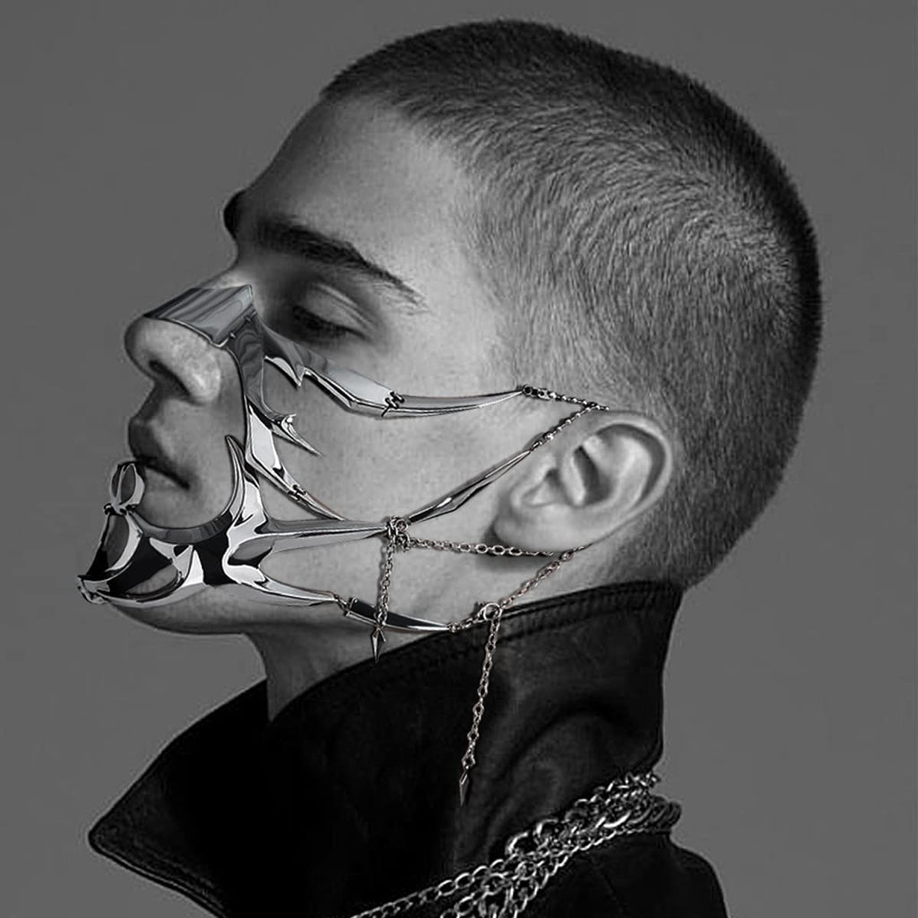 L'VOW Silver Metal Half Mask Face Chain Jewelry Cyborg Accessories, S1