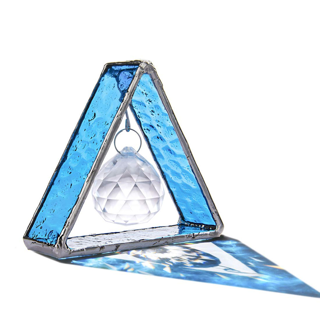 Blue Stained Glass Pyramid Suncatcher Hanging Ornament Window Decor